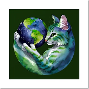 Cat loving Earth-Unique Watercolor Design Posters and Art